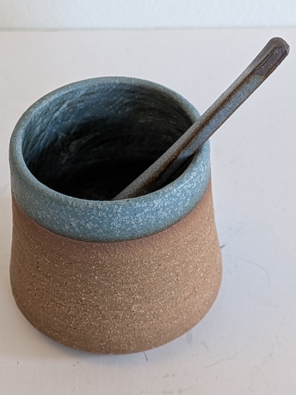 Studio Pottery salt / spice cellar & spoon Handmade Matte Teal glaze Stoneware